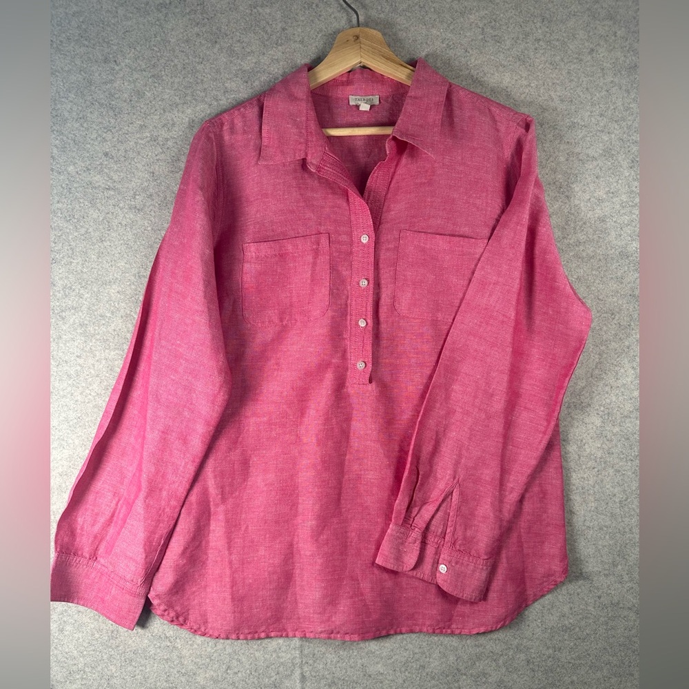Talbots Rose Pink Heather Linen Cotton Blend Long-Sleeve half button top Shirt